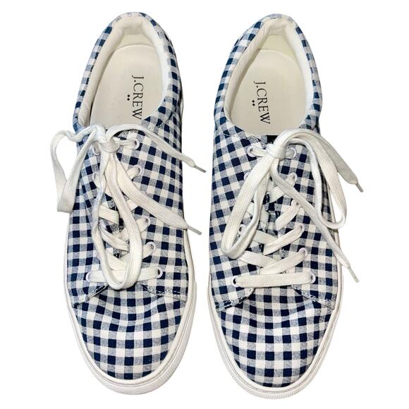 J Crew Sneakers Gingham Road Trip Navy Blue White Plaid - Picture 2 of 7
